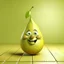 Placeholder: A pear in the shape of a funny, laughing cartoon character dressed as a young man, an equilateral square character