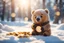 Placeholder: cute chibi bear sadly counting his money and golden coins in winter, snowy scene in sunshine, ethereal, cinematic postprocessing, bokeh, dof