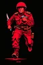 Placeholder: russian soldier(uniform and face based on racist steriotypes) running towards viewer, a knife i one hand, and a gun(barrel pointing at viewer) in the other. blocky retro 1960's jack kirby style poster in monochrome with white background