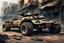 Placeholder: A car that's a mix between a scorpion and a tank, robotic, ready for battle, worn-out, with large rims and tires, fully mechanical, on a street in post-apocalyptic cities.