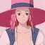 Placeholder: Pink witch made of fire with red eyes. Long curly wild pastel pink hair. Pink and red eyeshadow. Red lipstick. Freckles. Big pink witch hat.