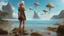Placeholder: full body shot of a middle-aged, blond-haired woman in brown shorts and brown shirt, standing on a rock, on the shores of an alien world, with mushrooms with jellyfish tentacles floating in the air, photorealistic, Detailed Matte Painting, Deep Colour, Fantastical, Intricate Detail, sunshine, blue sky
