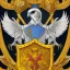 Placeholder: Fantasy setting, coat of arms with a kestrel holding a black anchor in its talons, encircled by a navy blue ring and a yellow half circle shape above it.