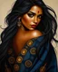 Placeholder: A painting in a highly stylized, cinematic art style depicts a beautiful woman with long, flowing dark hair and dark eyes, adorned with a red bindi on her forehead and red lipstick. She is wearing an elaborate robe composed of dark blue, blue, gray, and gold fabric with a pattern of gold circles and abstract shapes, including some red and orange elements. The woman is positioned with her right shoulder partially exposed, revealing a glimpse of her dark skin. Her dark hair cascades dramatically a