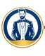Placeholder: A circular logo with a vector of a groom in a formal suit at the top of the logo in a blue, red, white, gold, and silver color theme.
