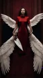 Placeholder: White wings, red dress, scissors. Above black and luxurious carpet. Cinematic picture from above