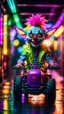 Placeholder: portrait of clown Hairy Gremlin myth buster pimp ninja yoga cyber punk in flying hipster lawn tractor parked in dark neon lit reflective wet arcade hall tunnel,bokeh like f/0.8, tilt-shift lens 8k, high detail, smooth render, down-light, unreal engine, prize winning