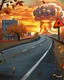 Placeholder: a road disappearing to the right, building and trees to the left, a nuclear explosion cloud in the background, add leaves falling in foreground, fantastic lighting detailed digital painting