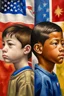 Placeholder: an expressive painting of 4 faces side views in a raw of , a European , and African , and asian , and Hispanic, boys together in a painting, with American flag in the background, we might see a companion with features of absolute strength and determination, blended with warmth and deep faith. Perhaps his face expresses wisdom and courage, with eyes radiating confidence and faith.