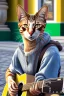 Placeholder: One single mature street cat, friendly, playing guitar, vienna, sunny day, perfect iris, model style, hyper realistic, extremely accurate, delicate, extremely detailed, Graphic novel style, colours, wide-angle, open aperture, superfine pencil