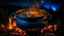 Placeholder: delicious stew bubbling in a cauldron suspended over heat, outside, night, stars, moon, fireflies, award-winning photograph, beautiful composition, exquisite detail and illumination