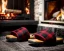 Placeholder: Red plaid slippers on black bearskin rug,log cabin walls, giant stone fireplace