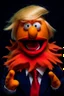 Placeholder: a Film Photograph of a realistic angry orange Donald Trump Muppet made of felt and fur wearing a dark blue suit and red tie and with blonde hair combover, he is old and angry with a round mouth