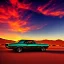 Placeholder: muscle car, desert road, sunset, full colour,