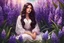 Placeholder: A beautiful girl is sitting surrounded by full of hyacinth flowers, long dark hair, shining eyes, digital painting style, high quality, 4k, correct body structure, correct face