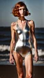 Placeholder: beautiful anorexic woman, full body shot, short shiny silver triathlon swimsuit, wavy bob haircut, photographed on the beach, photo by terry richardson, raw, red hair