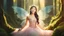 Placeholder: A gorgeous smiling Asian model in a fairy outfit with great glittering wings in a magic forest with 1000 y/o trees, a small torrent, sun rays through the branches, particles in the air at dawn