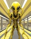 Placeholder: Distorted large yellow insectoid alien black eyes, in a mall, sci-fi art, graphic design, digital illustrated scene, alien art, high strangeness, absurdist, cartoonists