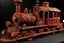 Placeholder: A light red fast steampunk train with flame decals painted by Jean Dubuffet