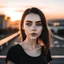 Placeholder: cute white girl, jawline, almond eyes, soft arch eyebrows, black hair, black mini dress, wite sneakers, sunset at city center, fullnody photo, HD