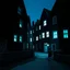 Placeholder: Fotografia di strada assurda e falsa a Magog blu weirdcore dai colori vivaci. Notte. Non luogo falso, inusuale. Max Ernst. Le case sono false e dipinte di nero chiaro con cose stilizzate e dettagli. Ci sono finestrelle false quadrate, che danno un senso distopico e molto surreale, disposte in modo casuale. L'atmosfera generale sembra noiosa e onirica, con un contrasto tra elementi reali ed elementi dipinti falsi, René Magritte