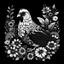 Placeholder: black and white chicken between seeds and big flowers. black background. for a coloring.