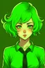 Placeholder: Beautiful Enfp girl with green wavy short hair She wears a green shirt with a black tie and bad girl style anime