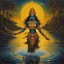 Placeholder: An oil painting of goddess Kali crossing a lake, neon gold colors, high detail,