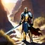 Placeholder: The hero, clad in plate armor, his two hands on the hilt of his zweihandsword, stands guard at the narrow passage in the canyon. Guard up, he knows he may die protecting the valley. The sun beats down mercilessly, casting harsh shadows across the rocky terrain. The hero's armor gleams in the sunlight, a beacon of strength and determination. His grip tightens on the hilt of his massive sword, ready to face whatever may come.
