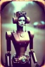 Placeholder: steampunk, vintage analog polaroid of a woman robot, female body, fog, lomography, heavy film grain, rain, color bleed, depth of field, bokeh, retro