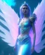 Placeholder: A crystalised queen, atmospheric, realistic, unreal engine, cinematic lighting, octane render. blue, pink, transparency, light, shine,bright, full body, transparent wings, blonde, long hair, smile