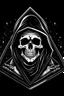 Placeholder: humorous skeleton in a black hooded cloak drawn in a retro mascot cartoon style, inside a light diamond shape on a black background, monochromatic