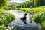 Placeholder: a lovely black and white dog plays with a little boy in country side in green field flowers next to a river with clear water an small rocks in its floor