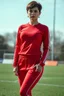 Placeholder: A full-body shot of a beautifulazeri lady in red futball suit and pants short hair standing idle pose front to camera