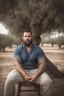 Placeholder: half figure shot photography of a marocan ugly dirty burly muscular chubby farmer 36 years old, bullneck, strong arms, big belly, manly chest, very sweat, short beard, tattoo, curly hair , short bulging pants, open legs sitting on a chair under an olive tree , big tights, barefoot, ambient occlusion, hyper detailed photography, photorealistic, 35mm lens, side light, frontal view from below, natural colors