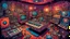 Placeholder: (weird top view perspective) a trippy detailed cartoon adventure of a psychedelic gnome music producer all alone in his old, dilapidated music mushroom studio. analog music equipment all over. rare rave posters on the walls. tiny details in every corner of the room. 2 turntables and a mixer, tb303. gnomes hanging out in the room. futuristic music equipment. large speakers in the corner of the room. music knobs all over the room. laser light show!!!