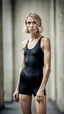 Placeholder: beautiful anorexic woman, total shot, short shiny black triathlon swimsuit, short blond wavy bob hair, blurred concrete background