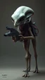 Placeholder: a photorealistic portrait of an alien face with camel body standing on two legs has laser gun in his hand non humanoid.