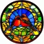 Placeholder: round coaster of robin with stained glass window effect, highly detailed, intricate, warm colors, stained glass window, glossy from rain, warm lighting, dramatic lighting