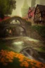 Placeholder: medieval village, ornate, beautiful, atmosphere, vibe, mist, smoke, chimney, rain, well, wet, pristine, puddles, red and yellow flowers, waterfall, melting, dripping, snow, creek, lush, ice, bridge, cart, orange, green, stained glass, forest, flowers, concept art illustration, volumetric lighting, volumetric clouds, color page, oil painting, trending on artstation