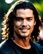 Placeholder: Orlando Bloom x Jason Mamoa as handsome male age 25 with shoulder length hair and a goatee. dark fantasy. smiling