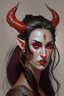 Placeholder: Portrait of a young and beautiful female Tiefling bard with red skin, two horns emerging from her forehead and long black hair with sidebangs and a ponytail.