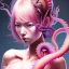 Placeholder:  Asian woman, leaning pose, octopus slobbe,, pink short hair, latex suit, full body, squid, intricate detail , portrait, high lighting, Gradient background, style <Yoji Shinkawa>,