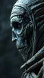 Placeholder: Busch painting style nightmare, a zoomed side view of the mummy by his face skin is a rusted broken metallic skin texture in a 3d rendering full-height image of a grim and dark scene. Ensure the final images exhibit the utmost quality, encompassing 4K, 8K, and 64K resolutions, with 3D rendering that manifests in photorealistic, hyperrealistic, and highly detailed representations. Employ techniques such as HDR, UHD,