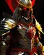 Placeholder: silver and gold samurai armor with glowing red eyes, and a ghostly red flowing cape, crimson trim flows throughout the armor, the helmet is fully covering the face, black and red spikes erupt from the shoulder pads, crimson and gold angel like wings are erupting from the back, crimson hair coming out the helmet, spikes erupting from the shoulder pads and gauntlets