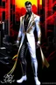 Placeholder: Striking hyper-realistic anime illustration of a powerful male protagonist, dressed in a white, red, black and gold outfit. Featuring obsidian patterns with gold details and the edges emit fascinating energy. Muscular physique accentuated with sleek lines and details. Futuristic cityscape background. Masterpiece of art that combines anime and science fiction aesthetics. Poster-worthy cinematic illustration. Full body