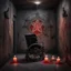 Placeholder: Hyper Realistic wheelchair on a satanic pentagram with candles in between of a dark hallway with peeling vintage wall paint & bloodied sword at night