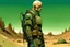 Placeholder: A Bald Soldier With green eyes wearing Desert Camouflage and a sci-fi rebreather, standing looking out upon a desert planet, Style Alex Maleev,