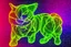 Placeholder: black background, outlines of a full-figure holographic cat, drawn from thin neon-coloured glowing lines
