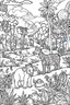 Placeholder: coloring page for kids, A cute jungle with playful animals, vibrant landscapes, and blooming flowers for Safari Adventure., cartoon style, thick outline, low details, no shading, no color